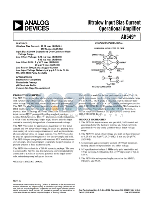 AD549K datasheet - Ultralow Input Bias Current Operational Amplifier