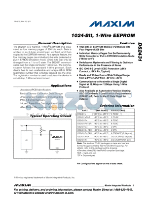 DS2431 datasheet - 1024-Bit, 1-Wire EEPROM Individual Memory Pages Can Be Permanently