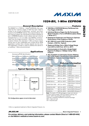 DS2431 datasheet - 1024-Bit, 1-Wire EEPROM