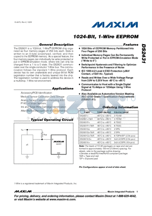 DS2431+ datasheet - 1024-Bit 1-Wire EEPROM