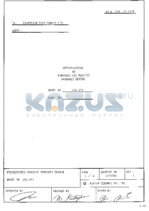 CSL-372 datasheet - SPECIFICATION OF PYROELECTRIC PASSIVE INFRARED SENSOR