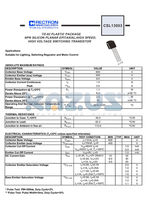 CSL13003 datasheet - NPN SILICON PLANAR EPITAXIAL,HIGH SPEED, HIGH VOLTAGE SWITCHING TRANSISTOR