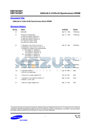 KM736V887 datasheet - 256Kx36 & 512Kx18 Synchronous SRAM