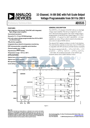 AD5535 datasheet - 32-Channel, 14-Bit DAC with Full-Scale Output Voltage Programmable from 50 V to 200 V