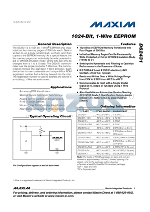 DS2431+ datasheet - 1024-Bit, 1-Wire EEPROM
