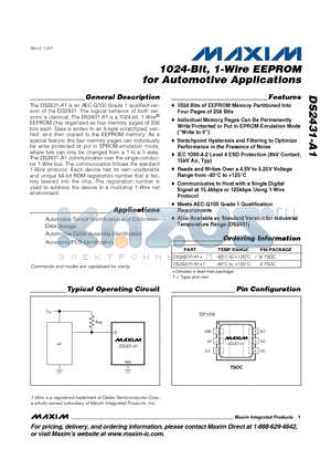 DS2431-A1 datasheet - 1024-Bit, 1-Wire EEPROM for Automotive Applications