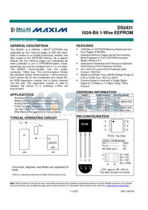 DS2431/T datasheet - 1024-Bit 1-Wire EEPROM