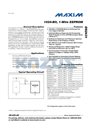 DS2431P+ datasheet - 1024-Bit, 1-Wire EEPROM