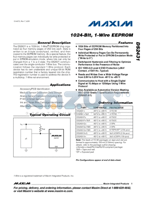 DS2431P+ datasheet - 1024-Bit, 1-Wire EEPROM