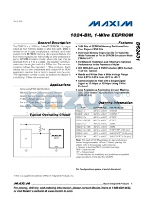 DS2431X+ datasheet - 1024-Bit, 1-Wire EEPROM