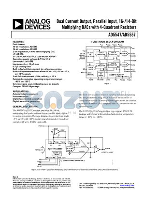 AD5547BRU datasheet - Dual Current Output, Parallel Input, 16-/14-Bit Multiplying DACs with 4-Quadrant Resistors