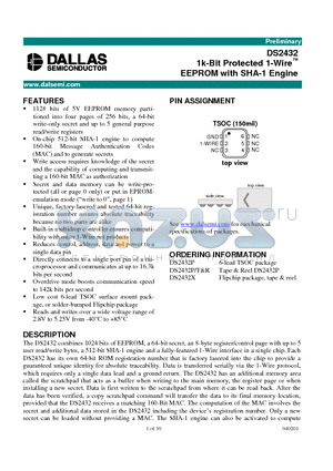 DS2432 datasheet - 1k-Bit Protected 1-Wire EEPROM with SHA-1 Engine