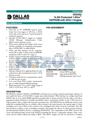 DS2432P datasheet - 1k-Bit Protected 1-Wire EEPROM with SHA-1 Engine