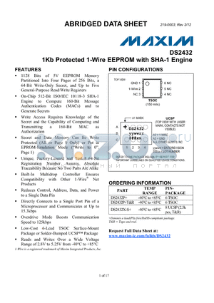 DS2432P datasheet - 1Kb Protected 1-Wire EEPROM with SHA-1 Engine