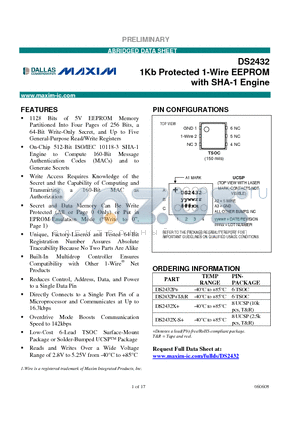 DS2432X-S+ datasheet - 1Kb Protected 1-Wire EEPROM with SHA-1 Engine