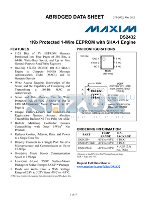 DS2432X-S+ datasheet - 1Kb Protected 1-Wire EEPROM with SHA-1 Engine