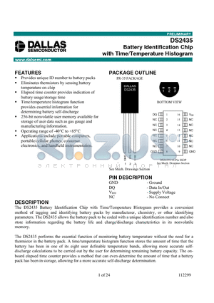 DS2435 datasheet - Battery Identification Chip with Time/Temperature Histogram