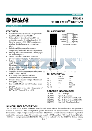 DS2433T datasheet - 4k-Bit 1-Wire EEPROM