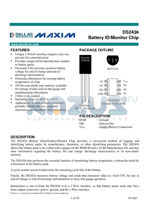 DS2436B datasheet - Battery ID/Monitor Chip