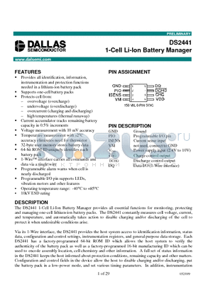 DS2441 datasheet - 1-Cell Li-Ion Battery Manager