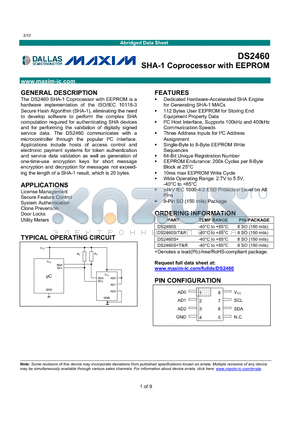 DS2460S+ datasheet - SHA-1 Coprocessor with EEPROMAbridged Data Sheet