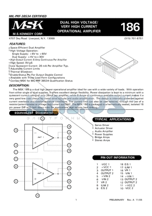 186ES datasheet - DUAL HIGH VOLTAGE/VERY HIGH CURRENT OPERATIONAL AMPLIFIER