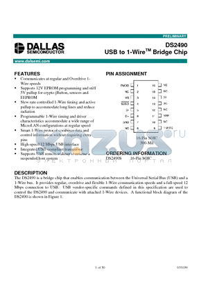 DS2490S datasheet - USB to 1-Wire Bridge Chip