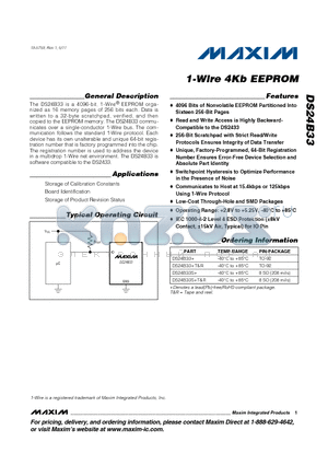 DS24B33+ datasheet - 1-Wire 4Kb EEPROM