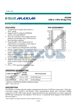 DS2490S+ datasheet - USB to 1-Wire Bridge Chip