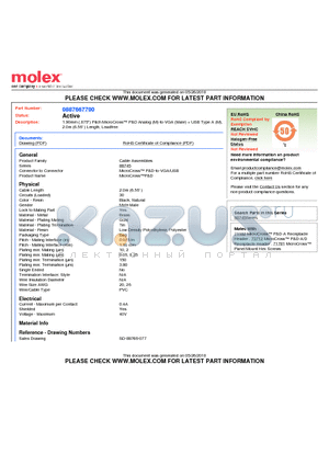 88766-7700 datasheet - 1.90mm (.075) Pitch MicroCross P&D Analog (M)-to-VGA (Male)  USB Type A (M), 2.0m (6.56) Length, Leadfree