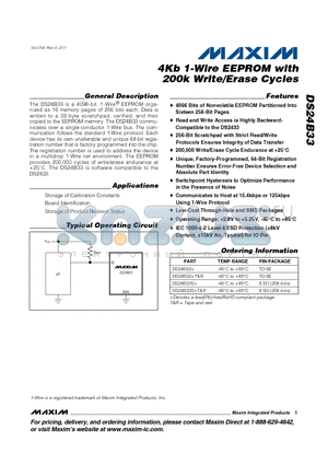 DS24B33+ datasheet - 4Kb 1-Wire EEPROM with 200k Write/Erase Cycles