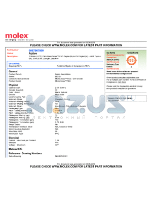 88766-7800 datasheet - 1.90mm (.075) Pitch MicroCross P&D Digital (M)-to-DVI Digital (M)  USB Type A (M), 2.0m (6.56) Length, Leadfree