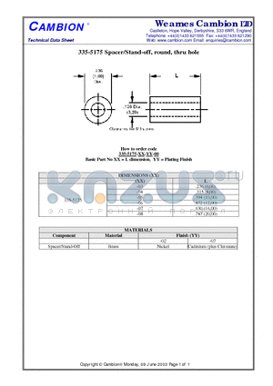 335-5175 datasheet - Spacer/Stand-off, round, thru hole