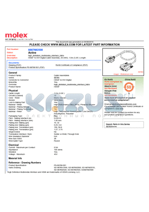 88768-3500 datasheet - HDMI*-to-DVI-Digital Cable Assembly, 28 AWG, 1.0m (3.28) Length