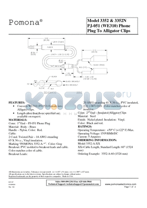 3352 datasheet - PJ-051 (WE310) Phone Plug To Alligator Clips