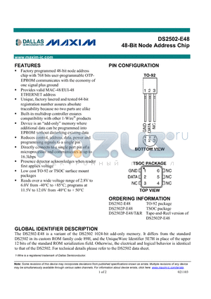 DS2502-E48 datasheet - 48-Bit Node Address Chip