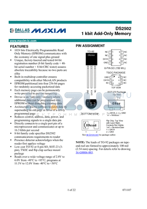 DS2502P/R datasheet - 1 kbit Add-Only Memory