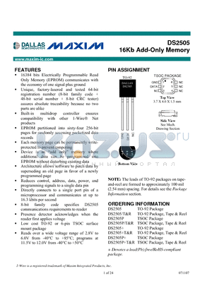 DS2505P/TR datasheet - 16Kb Add-Only Memory