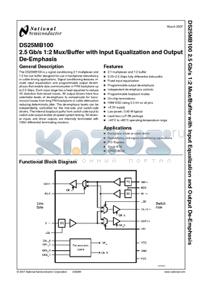 DS25MB100 datasheet - 2.5 Gb/s 1:2 Mux/Buffer with Input Equalization and Output De-Emphasis