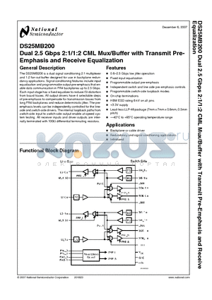 DS25MB200 datasheet - Dual 2.5 Gbps 2:1/1:2 CML Mux/Buffer with Transmit Pre-Emphasis and Receive Equalization