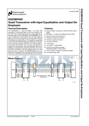DS25BR400TSQ datasheet - Quad Transceiver with Input Equalization and Output De-Emphasis