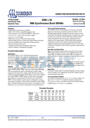 GS88237AB-250 datasheet - 256K x 36 9Mb Synchronous Burst SRAMs