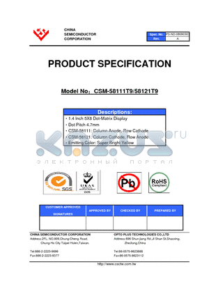 CSM-58121T9 datasheet - 1.4 Inch 5X8 Dot-Matrix Display