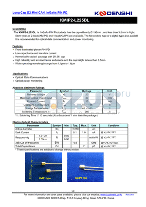 KMIP2-L225DL datasheet - Long Cap 2 Mini CAN InGaAs PIN PD