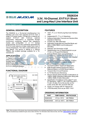DS26334 datasheet - 3.3V, 16-Channel, E1/T1/J1 Short and Long-Haul Line Interface Unit