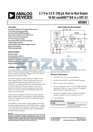 AD5662BRM datasheet - 2.7 V to 5.5 V, 250 uA, Rail-to-Rail Output 16-Bit DAC D/A in a SOT-23