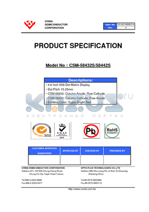 CSM-58432S datasheet - 4.6 Inch 5X8 Dot-Matrix Display