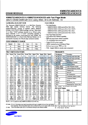 KMM372C400CK datasheet - 4M x 72 DRAM DIMM with ECC using 4Mx4, 4K 2K Refresh, 5V