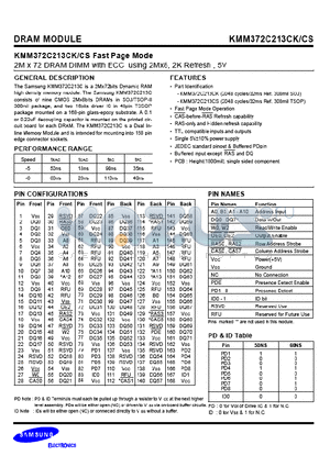 KMM372C1680BS datasheet - 16M x 72 DRAM DIMM with ECC Using 16Mx4, 4K 8K Refresh 5V