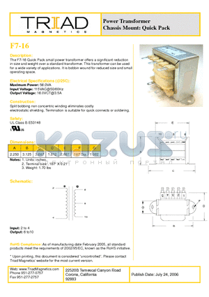 F7-16 datasheet - Power Transformer Chassis Mount: Quick Pack